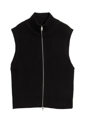 Schwarze ärmellose Weste mit hohem geripptem Kragen, ausgestattet mit einem Frontreißverschluss und strukturiertem Strickstoff, im geraden Schnitt gestaltet.