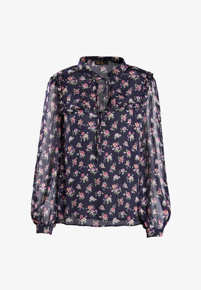 Mornarsko modra cvetna bluzica z dolgimi, prosojnimi rokavi, detajli z naborki in vratnim trakcem. Ima večbarvni cvetlični vzorec.