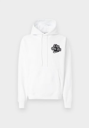 Witte hoodie met voorzak, capuchon met trekkoord en zwarte tekst "Live On Air" met een swoosh-logo op de linkerborst.