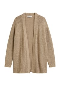 Beige gebreide cardigan met open voorkant, lange mouwen en geribde manchetten en zoom. Gestructureerde stof met een losse, relaxte pasvorm.
