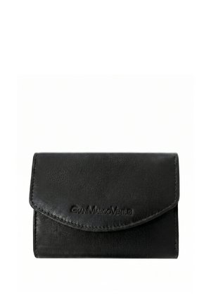 Portefeuille en cuir noir avec bords cousus et logo embossé "Gian Marco Venturi" sur la fermeture à rabat avant.