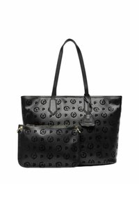 Borsa a tracolla in pelle nera con motivo a logo in rilievo, dotata di manici doppi e una pochette più piccola staccabile con chiusura a zip.