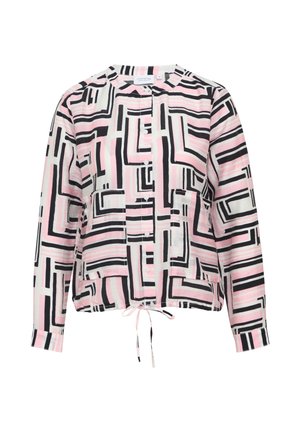 Chemise légère à boutons avec un motif géométrique noir, rose et blanc. Elle présente un col, deux poches avant et un ourlet à cordon.
