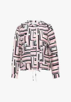 Chemise légère à boutons avec un motif géométrique noir, rose et blanc. Elle présente un col, deux poches avant et un ourlet à cordon.