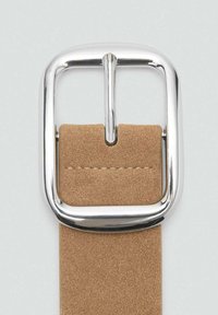 Tan suede belt with a large, square silver metal buckle. The suede surface features a smooth texture and is stitched along the edges.