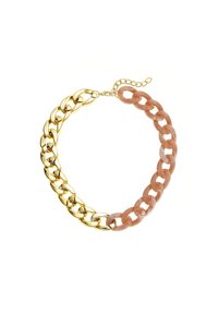 Kette aus gold- und roségoldfarbenen Gliedern mit ineinandergreifenden Links, glänzender Oberfläche und verstellbarem Verschluss.