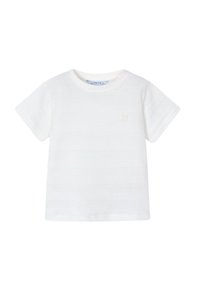 T-shirt bianco a maniche corte con strisce orizzontali texturizzate, scollo rotondo e un piccolo logo ricamato al centro.