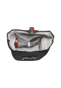 Borsa a tracolla nera con interno grigio, tracolla regolabile, molteplici scomparti e dettagli rossi; presenta una chiusura superiore e hardware robusto.