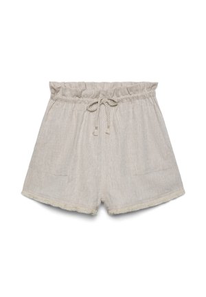 Beige Leinen-Shorts mit elastischem Paperbag-Bund, vorderen Taschen und einem geflochtenen Kordelzug.