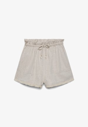 Beige Leinen-Shorts mit elastischem Paperbag-Bund, vorderen Taschen und einem geflochtenen Kordelzug.