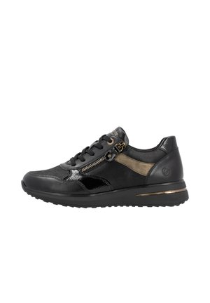 Black sneaker with a shiny leather and textile design, featuring a side zipper and gold accents, on a textured black rubber sole.