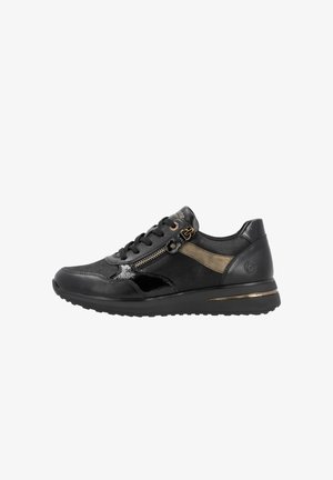 Black sneaker with a shiny leather and textile design, featuring a side zipper and gold accents, on a textured black rubber sole.