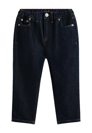 Dunkelblaue Jeans für Kleinkinder aus Denim mit elastischem Bund, vorderem Knopf, zwei vorderen und zwei hinteren Taschen sowie kontrastierender Naht.