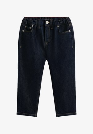 Ciemnoniebieskie dżinsy dla małych dzieci z elastycznym pasem, zapinane z przodu na guzik, z dwoma kieszeniami z przodu i dwoma z tyłu oraz kontrastowym szwem.