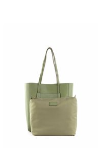 Sac fourre-tout vert avec deux longues anses et une petite pochette zippée assortie. Fabriqué en matériau lisse avec un design structuré.