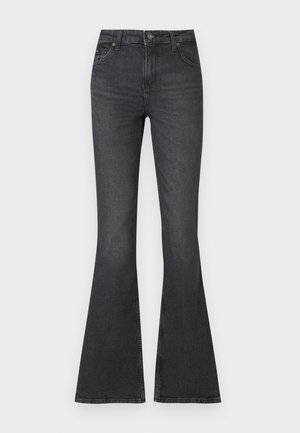 Jean en denim noir évasé à taille haute, doté d'un design classique à cinq poches et de légères variations de texture.