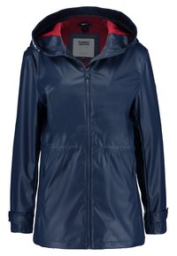 Laivaston vedenpitävä takki, jossa on vetoketjullinen etuosa, säädettävä huppu, joustava vyötärö ja kaksi sivutaskua; punaiset sisävuoridetailit ja logotagi sisällä.