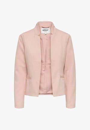 Blazer rose clair sur mesure à manches longues, devant ouvert, col discret, et deux poches passepoilées à l'avant, étiquette "ONLY tailoring".