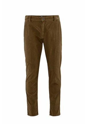 Pantaloni di velluto a coste marroni con passanti per cintura, chiusura con bottone e tasche anteriori, mostrati su sfondo bianco.