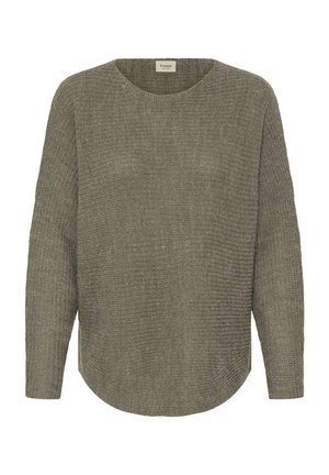 Olivovo zelený pletený sveter s okrúhlym výstrihom, dlhými rukávmi a mierne zaobleným lemom. Textúra je mäkká a voľne tkaná.