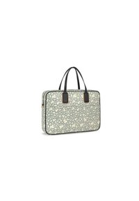 Bolsa para portátil con un diseño floral en colores claros, asas negras resistentes y forma rectangular. Superficie texturizada con acentos en contraste.