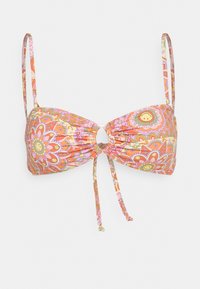 Bikini horná časť s kvetinovým vzorom v oranžových a ružových odtieňoch. Obsahuje nastaviteľné ramienka a detail s viazaním vpredu s centrálnym otvorom v tvare kľúča.