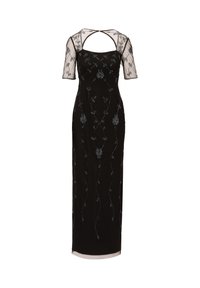Schwarzes Abendkleid mit kurzen, durchsichtigen Ärmeln, floralen Perlenverzierungen und einer taillierten Silhouette, das ein Schlüsselkerzendesign auf dem Rücken aufweist.