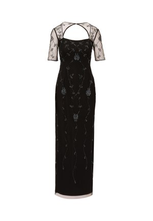 Black evening gown with short sheer sleeves, floral bead embellishments, and a fitted silhouette, featuring a keyhole back design.