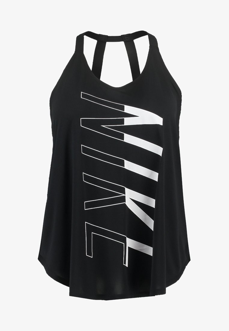 Débardeur de sport noir sans manches avec texte stylisé vertical blanc indiquant "NIKE" et double bretelles dans le dos.