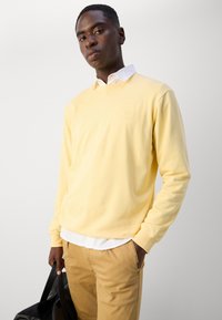 Hellegelbes Sweatshirt mit langen Ärmeln und Rundhalsausschnitt, das ein dezentes Logo auf der Brust trägt. Kombiniert mit einem weißen Hemd mit Kragen darunter.
