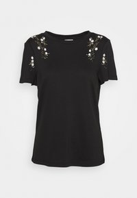 T-shirt in cotone nero con maniche corte, scollatura rotonda e dettagli ricamati floreali sulle spalle in bianco e verde.