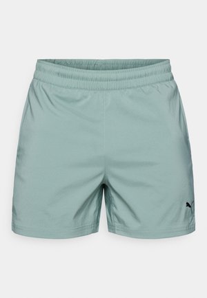 Jasnozielone szorty sportowe z elastycznym pasem i czarnym logiem. Gładka faktura, średniej długości i standardowy krój.