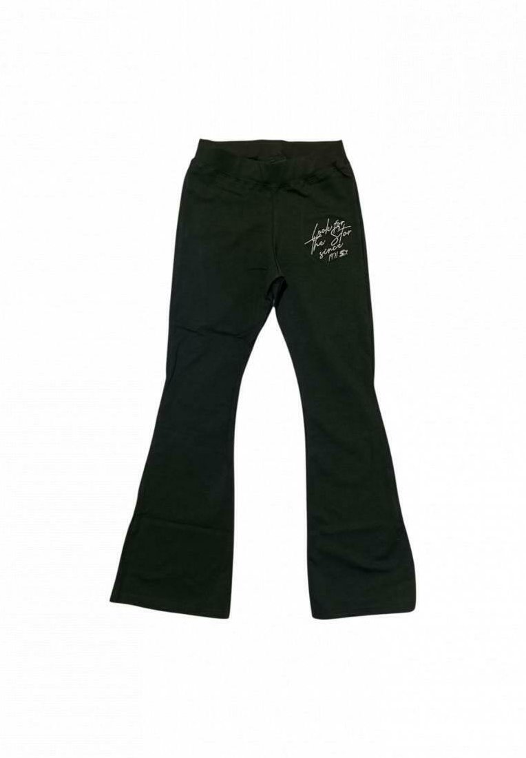 Pantaloni neri a zampa d'elefante con cintura elastica e una scritta bianca sulla coscia che recita "Cerca la stella dal 1991 SX".