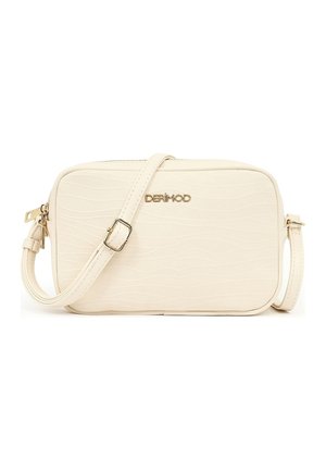 Beige textured rectangular crossbody bag with adjustable strap and gold-toned "DERIMOD" logo on front.