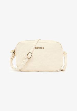Beige rechthoekige crossbodytas met structuur, verstelbare riem en goudkleurig "DERIMOD"-logo aan de voorkant.