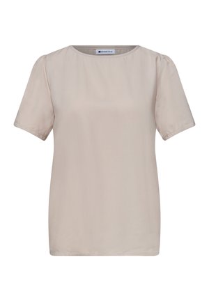 Beige kortærmet bluse med rund halsudskæring og let puffede skuldre, mærket "Street One", vist på en ensfarvet baggrund.