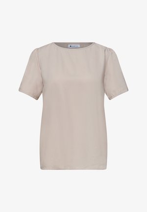 Beige kortærmet bluse med rund halsudskæring og let puffede skuldre, mærket "Street One", vist på en ensfarvet baggrund.