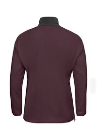 Bordeaux fleece pullover met een zwarte kraag, lange mouwen en een gladde textuur. Heeft een ritszak aan de onderkant.