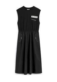 Abito nero con top aderente e gonna ampia e arricciata. Realizzato in cotone, con tasche laterali e logo stampato sul petto.