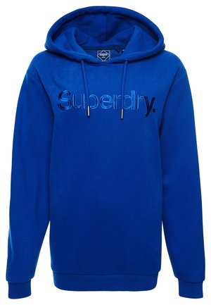 Sweat à capuche bleu avec cordons et "Superdry." brodé sur la poitrine en fil bleu assorti.