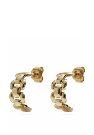 Gold chain-link hoop earrings with a polished finish, featuring rounded shapes and secure stud closures. Smooth texture and interlocking design.
