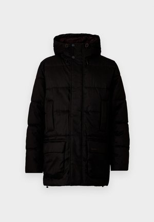 Schwarze Steppjacke mit Kapuze, ausgestattet mit einem gesteppten Design, Druckknöpfen, zwei Fronttaschen und Branding nahe dem Saum. Glatte Textur.