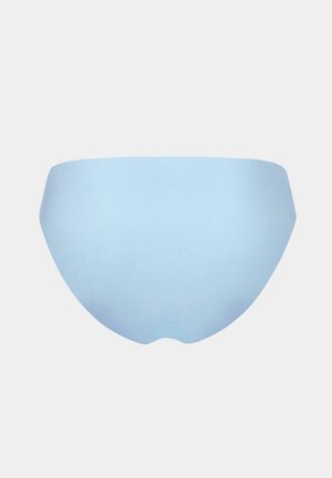 Seamless light blue women's underwear with a low-rise cut and smooth fabric on a plain background.