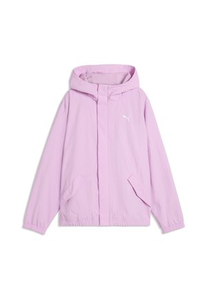 Veste à capuche violet clair avec poches avant, poignets élastiques et petit logo Puma blanc sur la poitrine.
