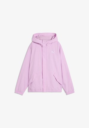Hellviolette Kapuzenjacke mit Fronttaschen, elastischen Bündchen und einem kleinen weißen Puma-Logo auf der Brust.