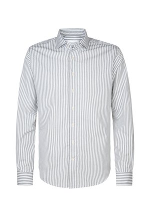 Camisa de botones a rayas en gris claro y blanco, con cuello, mangas largas y botones en el frente, hecha de una tela suave y texturizada.