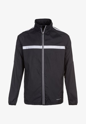 Musta kevyt takki, jossa on korkea kaulus, etuvetoketju sekä heijastavat hopeiset raidat rinnan ja hartioiden yli. Sujuva pinta.