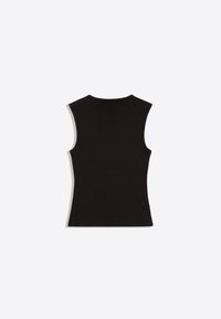 Haut noir sans manches en maille côtelée avec encolure ronde, silhouette ajustée, présenté à plat sur fond blanc.