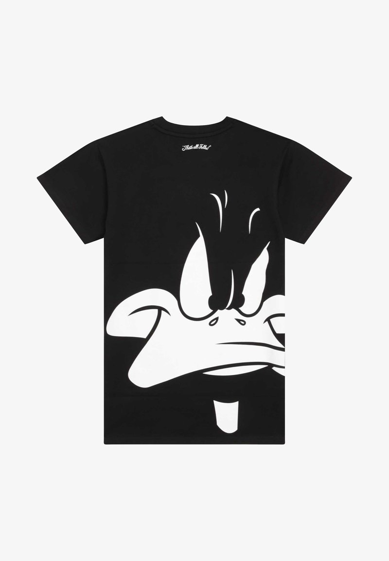 Czarna bawełniana koszulka z dużym białym graficznym wizerunkiem kaczki w stylu kreskówkowym, z wyrazistymi cechami, w tym wyrazistym dziobem i szerokimi oczami.