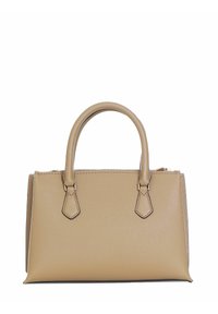 Borsa beige con forma strutturata, superficie testurizzata, manici corti e arrotondati, e minimi dettagli hardware. Chiusura a zip sulla parte superiore.